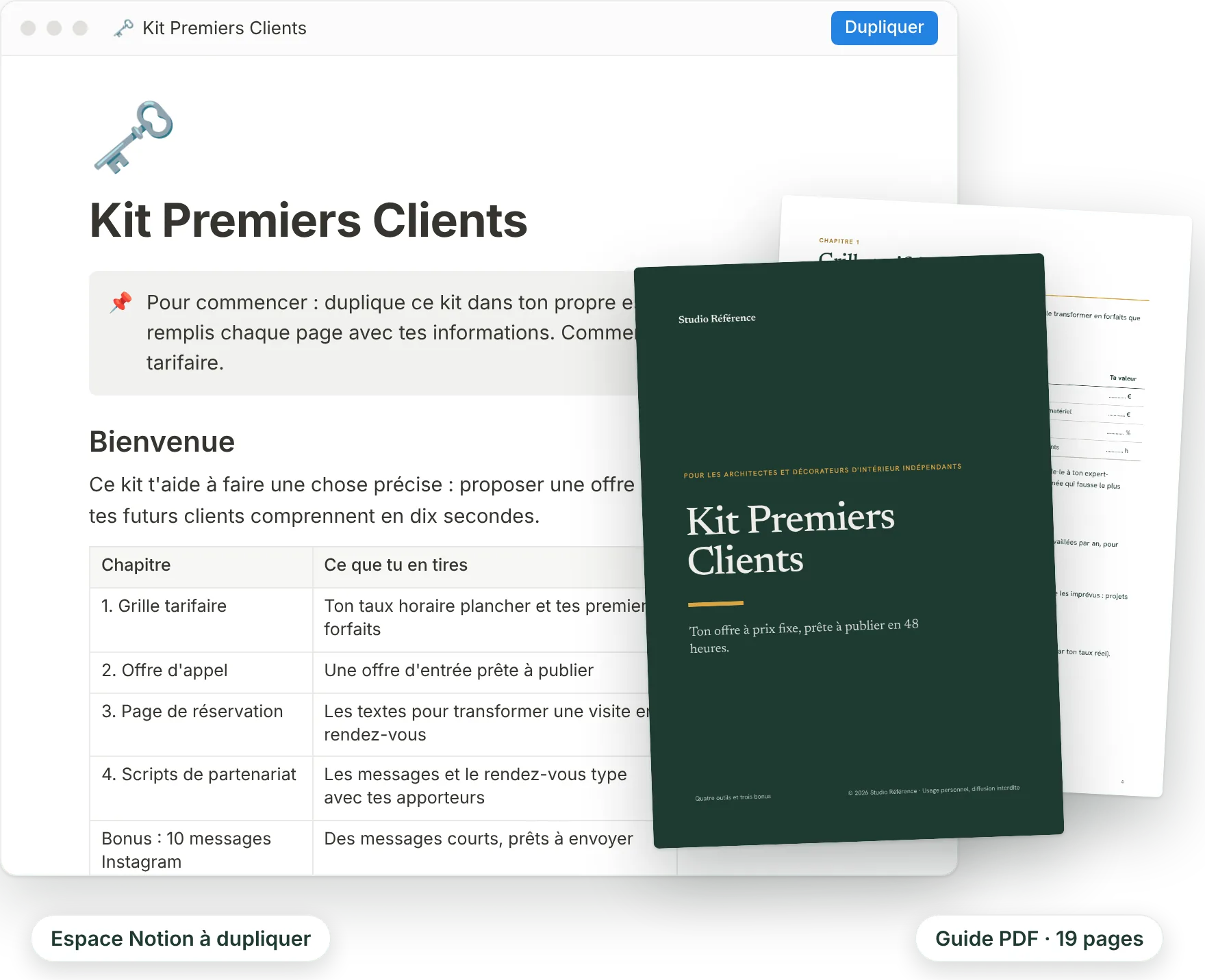 Aperçu du kit : l'espace Notion « Kit Premiers Clients » avec son sommaire, et le guide PDF de 19 pages, couverture et chapitre Grille tarifaire.
